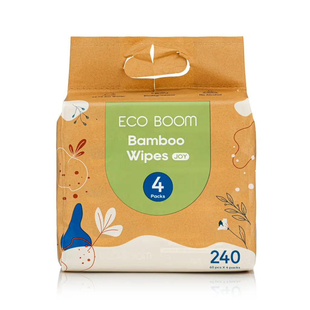 ECO BOOM Biodegradable Bamboo Baby Wet Wipes (4 Packs of 60 Wipes)