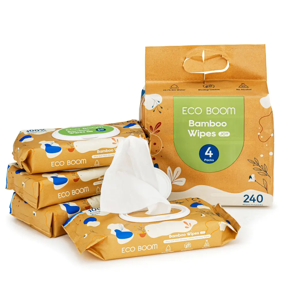 ECO BOOM Biodegradable Bamboo Baby Wet Wipes (4 Packs of 60 Wipes)