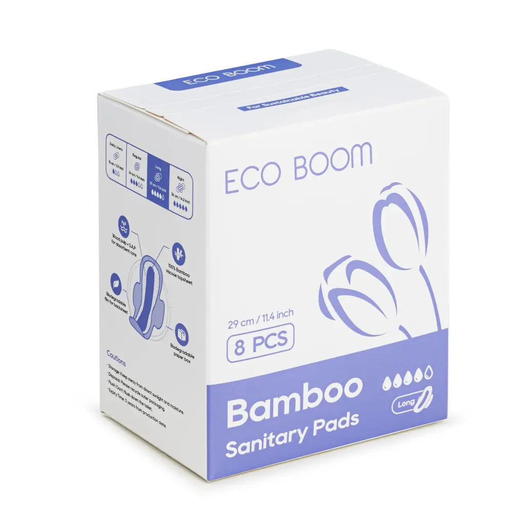 ECO BOOM Bamboo Sanitary Pads - Long (290mm, 8 Pads Per Pack)