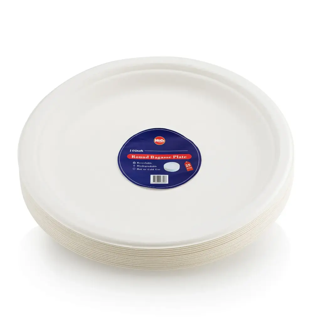 Round Bagasse Plate 10inch - (25 per pack - Multi Size Options)