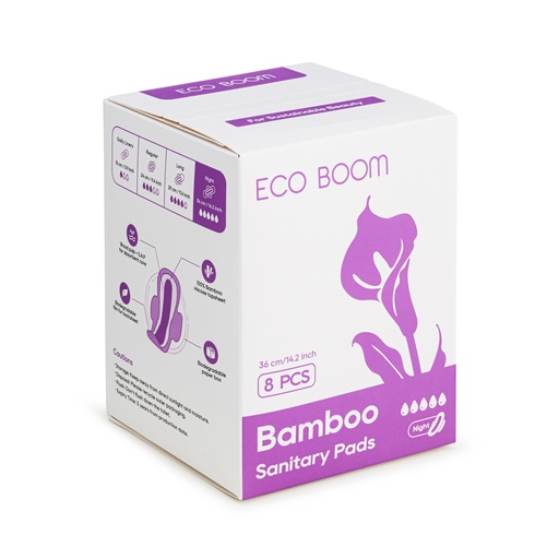ECO BOOM Bamboo Sanitary Pads - Night (360mm, 8 Pads Per Pack)